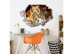 4063129216871 - K&l Wall Art - 3D Wandtattoo Wohnzimmer wilde Tiger Katzen Wandsticker Königstiger Fotokunst Mauerdurchbruch selbstklebend 120x82cm - bunt