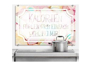 4063129232505 - K&l Wall Art - esg Glasbild Spritzschutz Küche Schriftzug Kalorien fühlen sich wohl lustiger Spruch 60x40cm - bunt