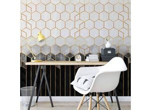 4063129232840 - K&l Wall Art - Große Fototapete xxl Art Deco Vliestapete Hexagon Schwarz Gold Vintage 336x260cm - grau