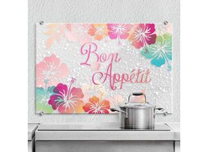 4063129234455 - K&l Wall Art - esg Glasbild Spritzschutz Küche Schriftzug Transparent Bon Appetit Lotus Blüten 100x70cm - bunt