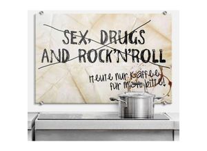 4063129234967 - K&l Wall Art - esg Glasbild Spritzschutz lustiger Spruch Sex Drugs Rock n Roll Nur Kaffee 80x60cm - braun