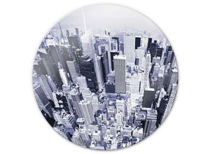 4063129245499 - bedrucktes Sicherheitsglas Wandbild Rund Glasbild Manhattan Skyline Wolkenkratzer Ø 50cm - blau