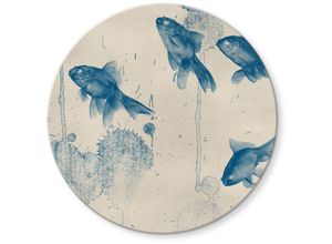 4063129250974 - K&l Wall Art - bedrucktes Sicherheitsglas Wandbild Rund Glasbild Blaue Fische Badezimmer Ozean ø 50cm - blau