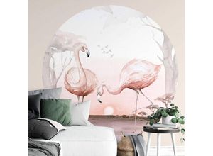 4063129255429 - K&l Wall Art - Runde Fototapete Kvilis Flamingos Tapete Sonnenuntergang Vliestapete Vögel Wandbild ø 140cm - rosa