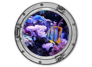 4063129256587 - K&l Wall Art - Alu-Dibond-Poster Rund Metalloptik Wandbild Bullauge Fenster U-Boot Fische Ozean Lila Korallen ø 20cm - grau
