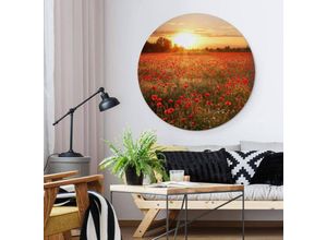 4063129257249 - K&l Wall Art - Alu-Dibond-Poster Rund Metalloptik Wandbild Mohnfeld Sonnenuntergang Mohn Blumen Sonne ø 70cm - rot