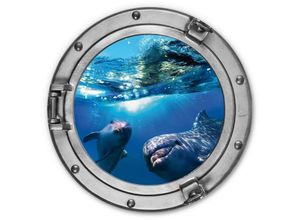 4063129257492 - K&l Wall Art - Alu-Dibond-Poster Rund Metalloptik Wandbild Badezimmer Bullauge Fenster Delfin Delphine ø 70cm - blau