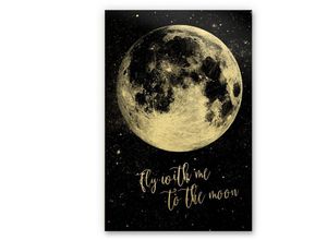 4063129257805 - Alu-Dibond-Poster Vollmond Gold Metalloptik Wandbild Mond Fly me to the moon Affirmation 70x100cm - schwarz