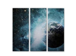 4063129258277 - K&l Wall Art - 3er Set Alu-Dibond-Poster Planet Erde Metalloptik Wandbild Universum Sterne Galaxie 120x100cm - silber