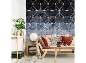 4063129259779 - K&l Wall Art - Große Fototapete xxl Art Deco Vliestapete Hexagone Blau Gold abstrakt 240x260cm - blau