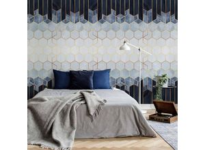 4063129260225 - K&l Wall Art - Große Fototapete xxl Art Deco Vliestapete Hexagon Gold Smoky Blau Weiß 192x260cm - blau