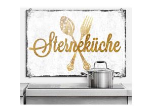 4063129262366 - Glas Spritzschutz Herd Küchenrückwand Vintage Schriftzug Sterneküche Gold 100x70cm - weiß