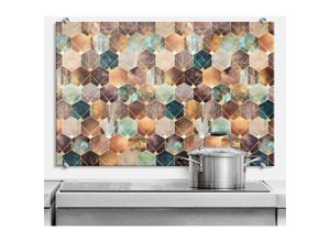 4063129262953 - K&l Wall Art - Glas Spritzschutz inkl Montagematerial Küchenrückwand Hexagon abstrakt Gold Kupfer 60x40cm - bunt