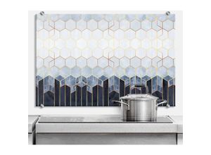 4063129263059 - K&l Wall Art - Glas Spritzschutz inkl Montagematerial Küchenrückwand Hexagon Kunst Blau Weiß Gold 100x70cm - blau