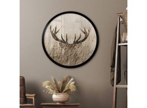 4063129293582 - K&l Wall Art - Rundes Poster Wandbild Vintage Fotografie Natur Kunstdruck Waldtiere Hirsch Geweih ø 50cm - sepia