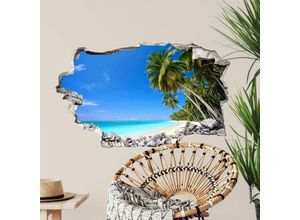 4063129298563 - K&l Wall Art - 3D Wandtattoo Aufkleber Badezimmer Paradise Ausblick Palmen Strandurlaub Mauerdurchbruch selbstklebend 100x61cm - blau