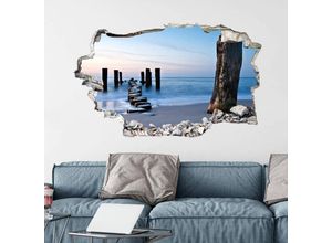 4063129299300 - K&l Wall Art - 3D Wandtattoo Aufkleber Holzpfeiler am See Strand Meditation Shore Evening Mauerdurchbruch selbstklebend 100x61cm - bunt