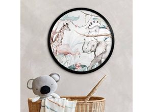 4063129299867 - K&l Wall Art - Rundes Poster Wandbild Safari Kinderzimmer Waldtiere Kvilis Elefant Giraffe Flamingo ø 50cm - grau