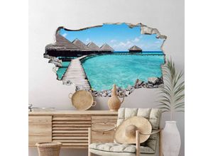 4063129299881 - K&l Wall Art - 3D Wandtattoo Aufkleber Bali Strandhaus Malediven blaues Meer Wandsticker Mauerdurchbruch selbstklebend 80x49cm - blau