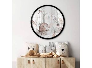 4063129299904 - K&l Wall Art - Rundes Poster Wandbild Safari Kinderzimmer Waldtiere Kvilis Bär Reh Hase Eule im Wald ø 50cm - beige