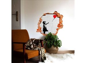 4063129301027 - K&l Wall Art - 3D Wandtattoo Aufkleber Banksy Graffiti Girl with the red balloon Luftballon Mauerdurchbruch selbstklebend 40x38cm - grau