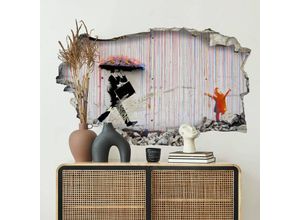 4063129301119 - K&l Wall Art - 3D Wandtattoo Aufkleber Banksy Graffiti Straßenkunst bunter Regen Colored Rain Mauerdurchbruch selbstklebend 120x73cm - grau