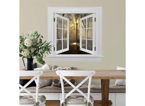 4063129301409 - 3D Wandtattoo Aufkleber Cuadrado Landhaus Vintage Sonnenstrahlen im Wald Fenster selbstklebend 120x115cm - bunt