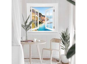 4063129301546 - K&l Wall Art - 3D Wandtattoo Aufkleber Feng Shui Wellness Deko Fischerdorf Küste Italien Fenster selbstklebend 100x96cm - blau