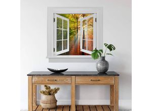 4063129301591 - K&l Wall Art - 3D Wandtattoo Aufkleber Feng Shui Wellness Deko Goldener Herbst Wald Fenster selbstklebend 100x96cm - bunt