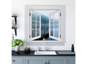 4063129301911 - K&l Wall Art - 3D Wandtattoo Aufkleber Lindsten Wellness Steg am See Teich Nebel Ausblick Fenster selbstklebend 80x77cm - blau
