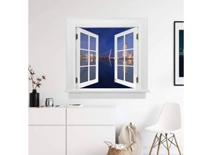 4063129301973 - K&l Wall Art - 3D Wandtattoo Aufkleber Pablo Stadt Urlaub Rotterdam Skyline Brücke Ausblick Fenster selbstklebend 120x115cm - blau