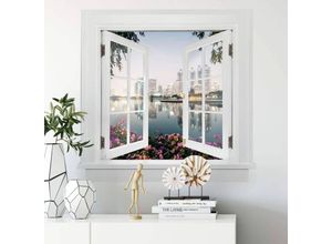 4063129301997 - K&l Wall Art - 3D Wandtattoo Aufkleber Shabby Chic Ausblick Colombo Asien Skyline Bangkok Ping River Fenster selbstklebend 120x115cm - weiß
