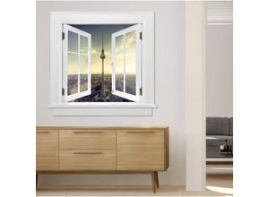 4063129302109 - 3D Wandtattoo Aufkleber Stadt Urlaub Reise Deutschland Fernsehturm Berlin Fenster selbstklebend 100x96cm - weiß