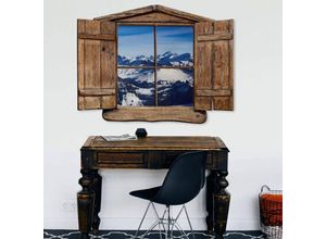 4063129303731 - 3D Wandtattoo Wohnzimmer Berg Landschaft Ausblick Alpen Panorama Ski Hütte Holzfenster selbstklebend 60x46cm - braun