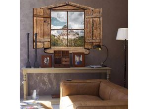 4063129303786 - K&l Wall Art - 3D Wandtattoo Wohnzimmer Bridgerton Vintage Schloss Landhaus Burg Karlstein Holzfenster selbstklebend 60x46cm - braun