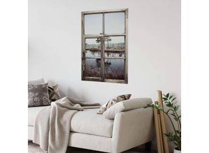 4063129303960 - K&l Wall Art - 3D Wandtattoo Wohnzimmer Shabby Chic Baum Reflektion am See Landschaft Fotografie Holzfenster selbstklebend 54x80cm - grau