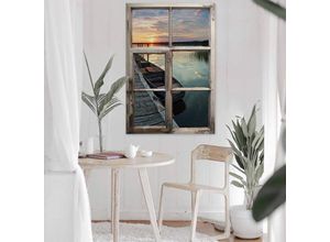 4063129304035 - 3D Wandtattoo Wohnzimmer Shabby Chic Holz Optik Sonnenuntergang am See Holzfenster selbstklebend 81x120cm - bunt
