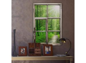 4063129304080 - K&l Wall Art - 3D Wandtattoo Wohnzimmer Shabby Chic Holz Optik Wald sonniger Spaziergang Holzfenster selbstklebend 41x60cm - braun