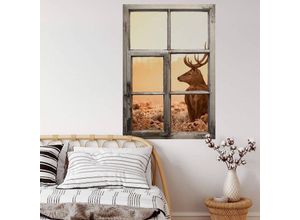 4063129304141 - K&l Wall Art - 3D Wandtattoo Wohnzimmer Shabby Chic Holz Optik Waldtiere Majestätischer Hirsch Holzfenster selbstklebend 68x100cm - braun