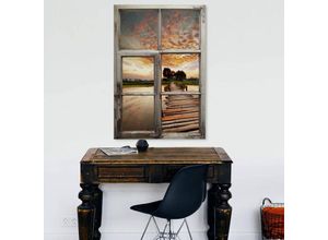 4063129304233 - K&l Wall Art - 3D Wandtattoo Wohnzimmer Shabby Chic Sonnenuntergang Steg Übergang am See Holzfenster selbstklebend 41x60cm - braun