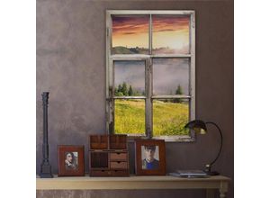 4063129304332 - K&l Wall Art - 3D Wandtattoo Wohnzimmer Vintage Bergtal im Nebel Natur Landschaft Fotografie Holzfenster selbstklebend 41x60cm - bunt