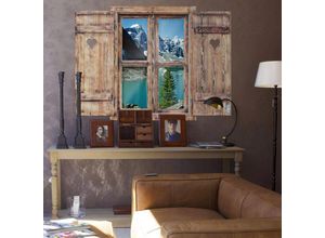 4063129304387 - K&l Wall Art - 3D Wandtattoo Wohnzimmer Vintage Holz Optik mit Herz Bergsee Idylle See im Berg Holzfenster selbstklebend 100x74cm - braun