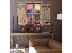 4063129304431 - K&l Wall Art - 3D Wandtattoo Wohnzimmer Vintage Holzoptik Herz Sonnenuntergang in Bergen Holzfenster selbstklebend 80x60cm - bunt