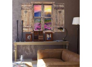 4063129304448 - K&l Wall Art - 3D Wandtattoo Wohnzimmer Vintage Holzoptik Herz Sonnenuntergang in Bergen Holzfenster selbstklebend 60x44cm - bunt