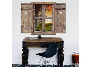 4063129304547 - K&l Wall Art - 3D Wandtattoo Wohnzimmer Vintage Holzoptik mit Herz Sonnenuntergang Landschaft Holzfenster selbstklebend 120x88cm - bunt