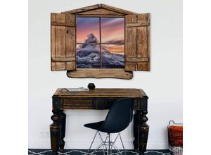 4063129304585 - K&l Wall Art - 3D Wandtattoo Wohnzimmer Vintage Hütte Bergspitze Berg Abenddämmerung Holzfenster selbstklebend 120x91cm - bunt