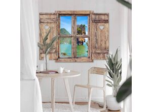 4063129304639 - K&l Wall Art - 3D Wandtattoo Wohnzimmer Vintage Landhaus Ausblick mit Herz James Bond Insel Holzfenster selbstklebend 120x88cm - blau