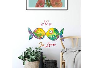 4063129308552 - K&l Wall Art - Wandtattoo Hagenmeyer Lebensfreude Badezimmer Aufkleber Verliebte Fische Deko Wandbild selbstklebend 70x38cm - bunt