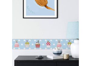 4063129308835 - K&l Wall Art - Bordüre Kunstdruck Leffler Kinderzimmer Küche bunte Muffins Party Sterne selbstklebende Deko Zierleiste 1x 120x10cm - blau