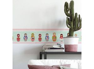 4063129308927 - K&l Wall Art - Bordüre Kunstdruck Leffler Kinderzimmer Küche bunte Omas Matroschkas selbstklebende Deko Zierleiste 5x 120x10cm - bunt